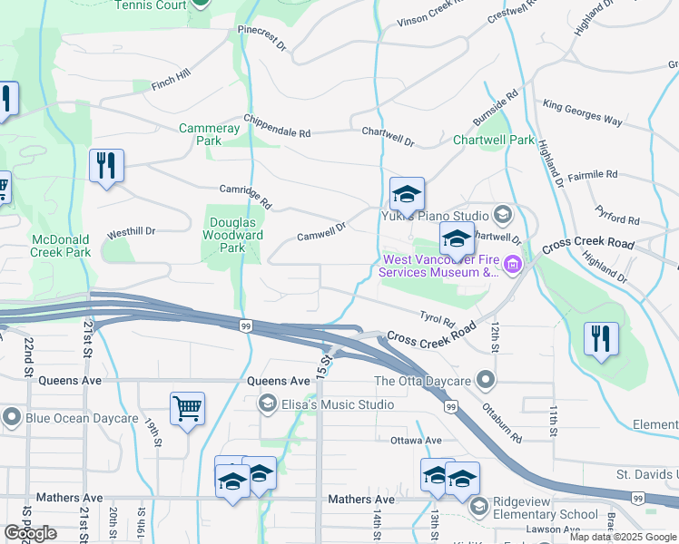 map of restaurants, bars, coffee shops, grocery stores, and more near 1470 Camelot Road in West Vancouver