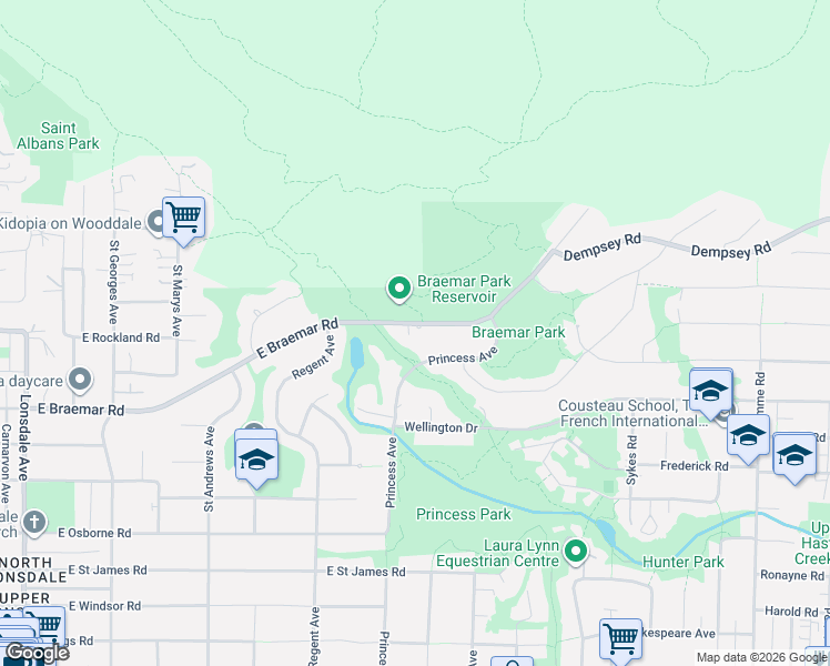 map of restaurants, bars, coffee shops, grocery stores, and more near 697 East Braemar Road in North Vancouver