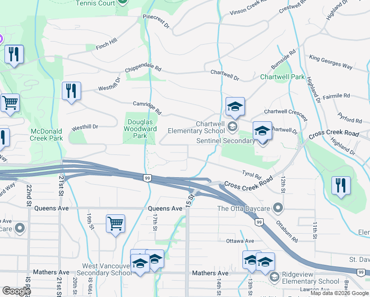map of restaurants, bars, coffee shops, grocery stores, and more near 1510 Camelot Road in West Vancouver