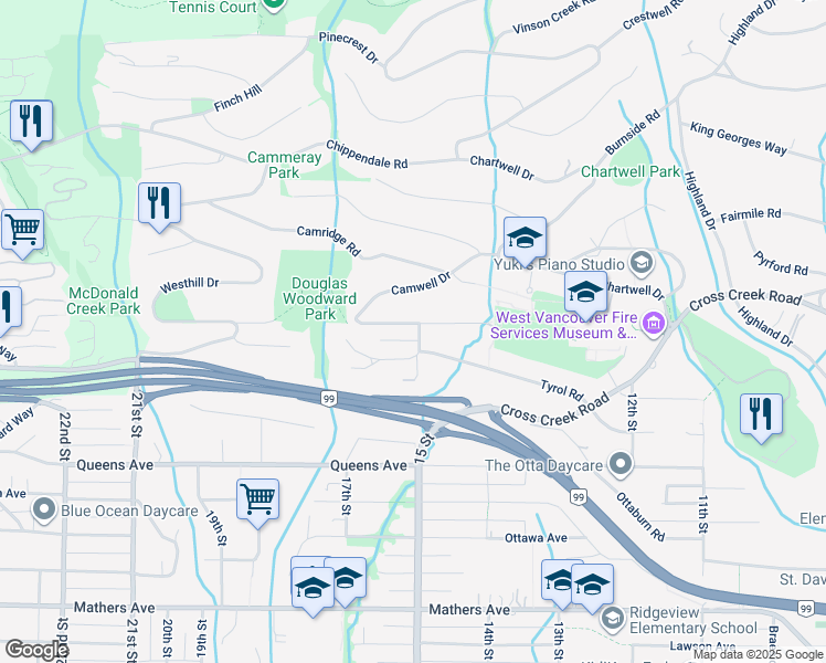 map of restaurants, bars, coffee shops, grocery stores, and more near 1510 Camelot Road in West Vancouver