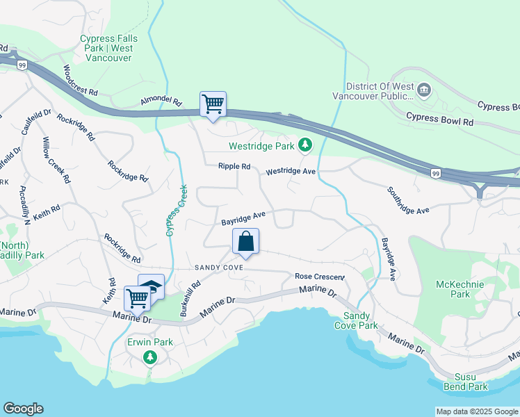 map of restaurants, bars, coffee shops, grocery stores, and more near 4045 Bayridge Avenue in West Vancouver