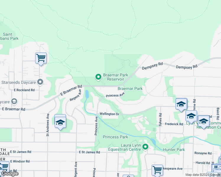 map of restaurants, bars, coffee shops, grocery stores, and more near 705 Braemar Road East in North Vancouver