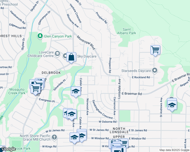 map of restaurants, bars, coffee shops, grocery stores, and more near Dalkeith Drive in North Vancouver