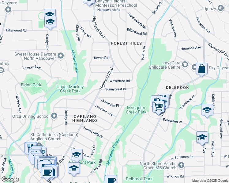 map of restaurants, bars, coffee shops, grocery stores, and more near 4067 Sunnycrest Drive in North Vancouver