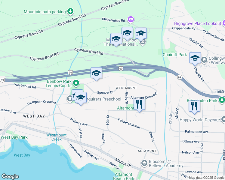map of restaurants, bars, coffee shops, grocery stores, and more near 3027 Spencer Drive in West Vancouver