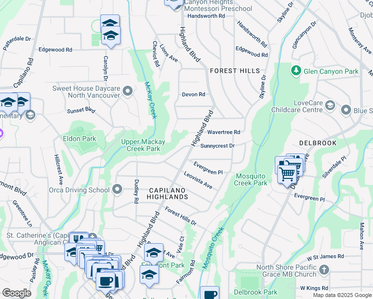 map of restaurants, bars, coffee shops, grocery stores, and more near 3975 Highland Boulevard in North Vancouver