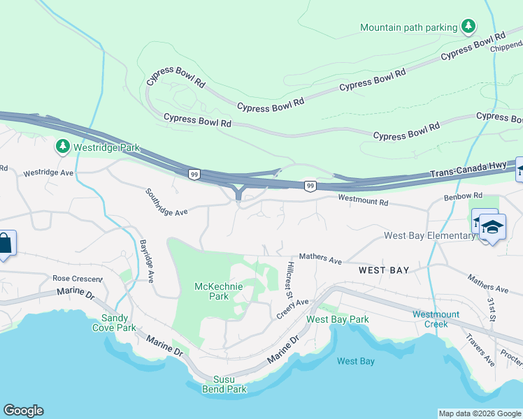 map of restaurants, bars, coffee shops, grocery stores, and more near Cedaridge Place in West Vancouver