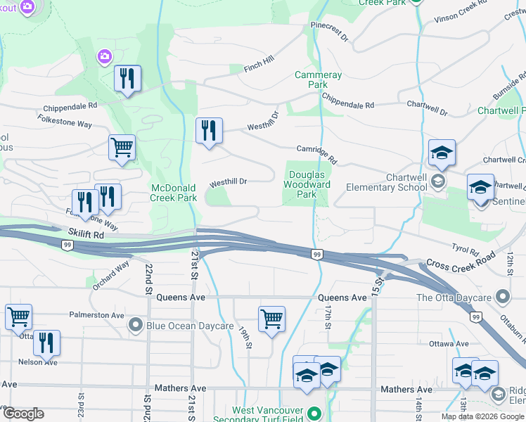 map of restaurants, bars, coffee shops, grocery stores, and more near 2188 Westhill Wynd in West Vancouver