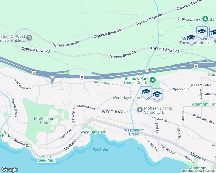map of restaurants, bars, coffee shops, grocery stores, and more near 3326 Westmount Road in West Vancouver
