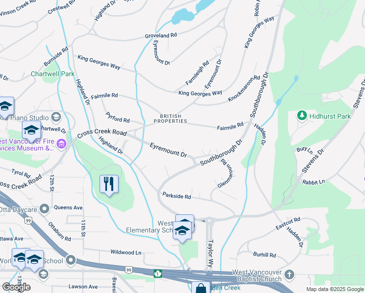 map of restaurants, bars, coffee shops, grocery stores, and more near 719 Eyremount Drive in West Vancouver