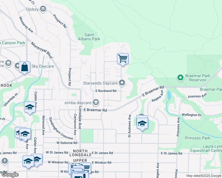 map of restaurants, bars, coffee shops, grocery stores, and more near 240 East Rockland Road in North Vancouver