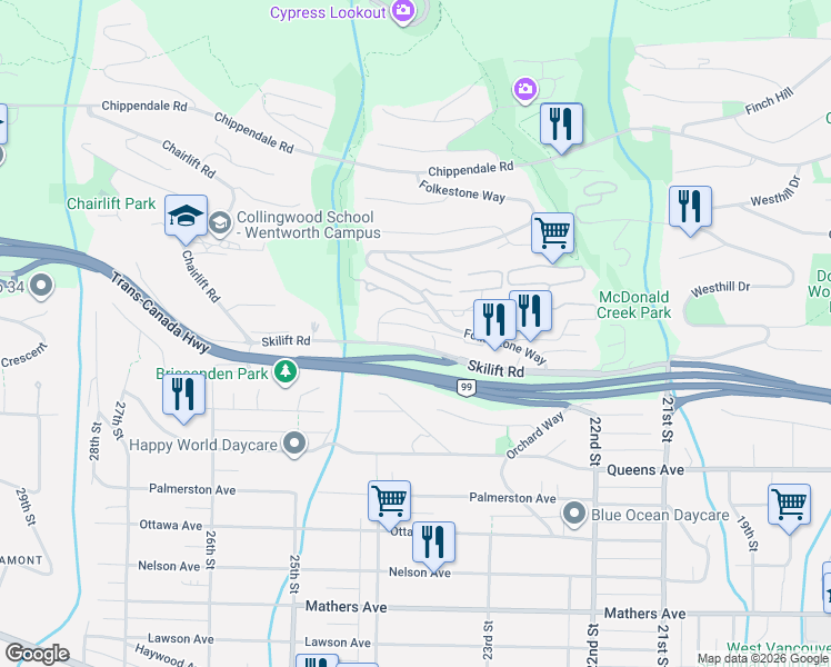 map of restaurants, bars, coffee shops, grocery stores, and more near 2239 Folkestone Way in West Vancouver
