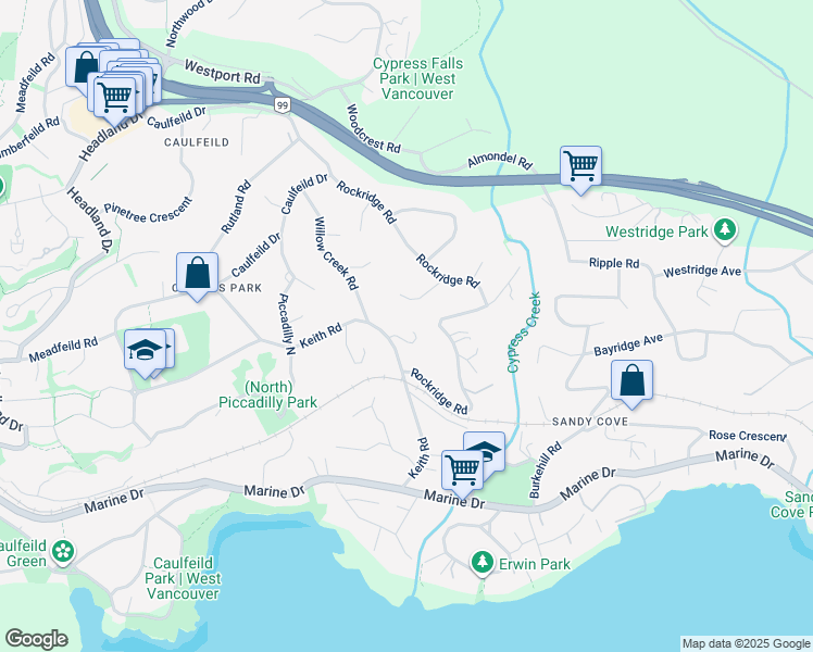 map of restaurants, bars, coffee shops, grocery stores, and more near 4413 Keith Road in West Vancouver