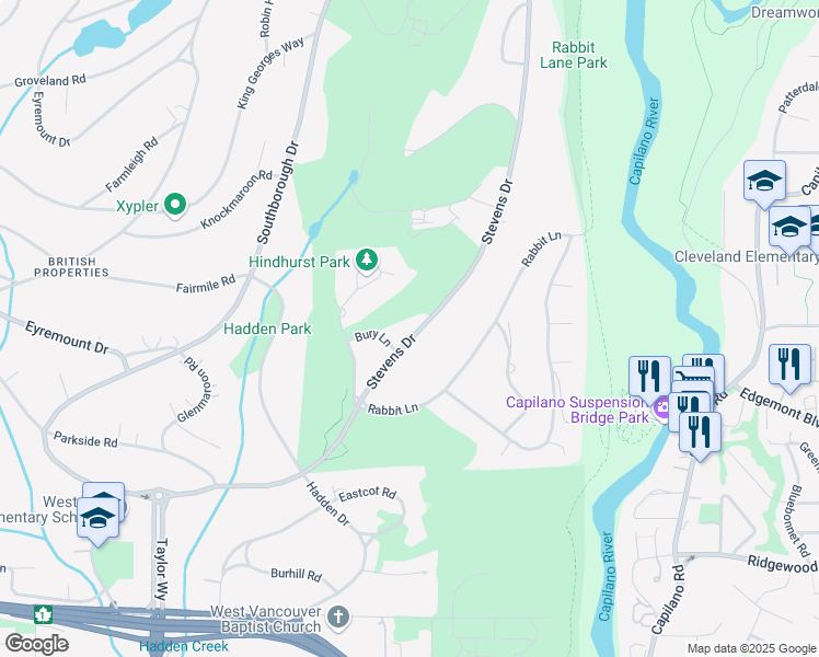 map of restaurants, bars, coffee shops, grocery stores, and more near 385 Stevens Drive in West Vancouver