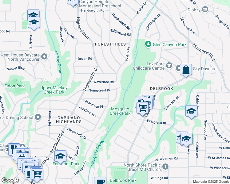 map of restaurants, bars, coffee shops, grocery stores, and more near 3965 Trenton Place in North Vancouver