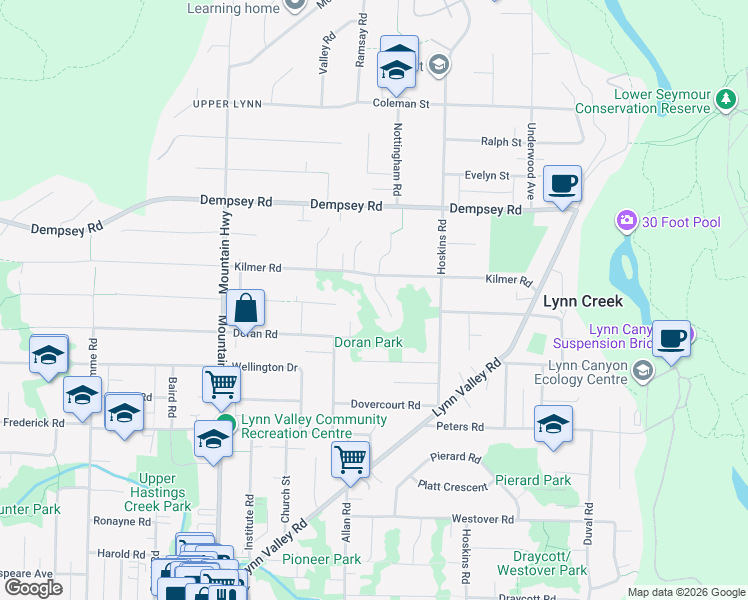map of restaurants, bars, coffee shops, grocery stores, and more near 1507 Kilmer Place in North Vancouver