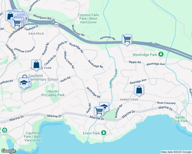 map of restaurants, bars, coffee shops, grocery stores, and more near 4322 Rockridge Road in West Vancouver
