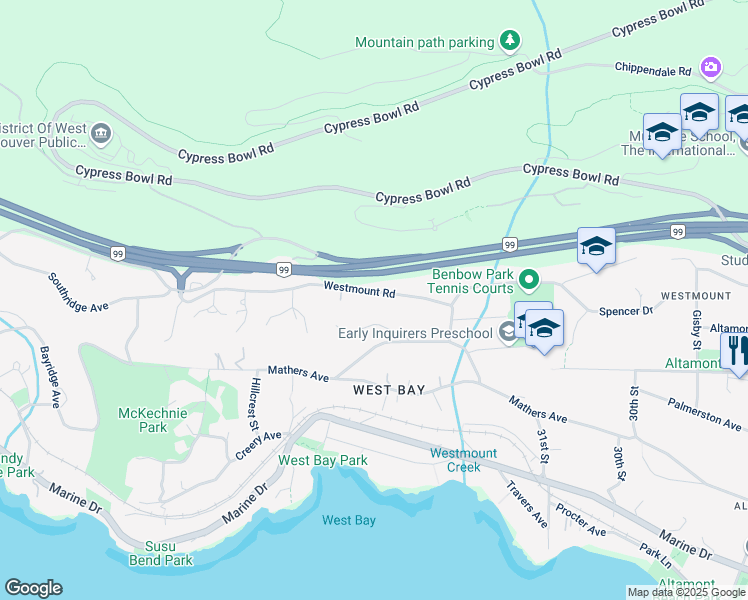 map of restaurants, bars, coffee shops, grocery stores, and more near 3326 Westmount Road in West Vancouver