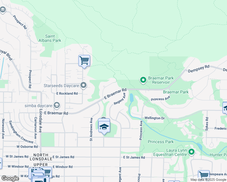 map of restaurants, bars, coffee shops, grocery stores, and more near 548 East Braemar Road in North Vancouver