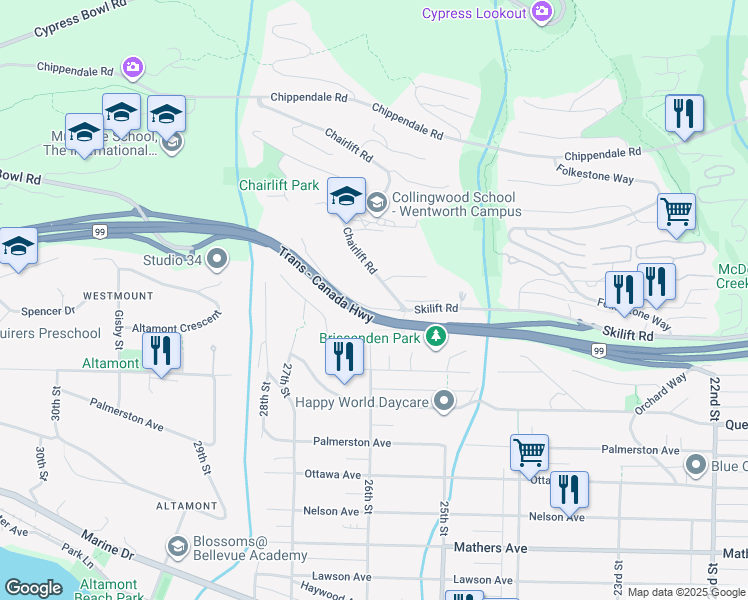 map of restaurants, bars, coffee shops, grocery stores, and more near 2615 Skilift Place in West Vancouver