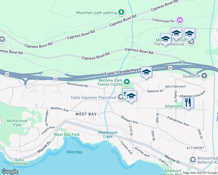 map of restaurants, bars, coffee shops, grocery stores, and more near 3190 Benbow Road in West Vancouver