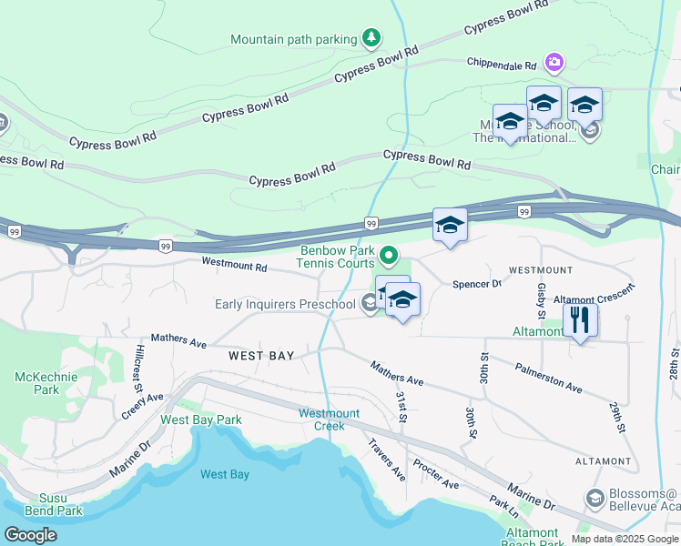 map of restaurants, bars, coffee shops, grocery stores, and more near 3180 Benbow Road in West Vancouver