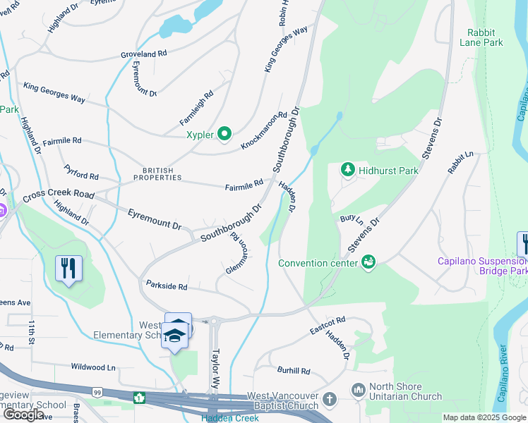 map of restaurants, bars, coffee shops, grocery stores, and more near 630 Southborough Drive in West Vancouver