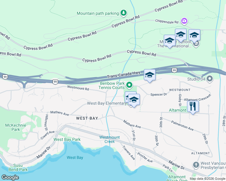 map of restaurants, bars, coffee shops, grocery stores, and more near 3180 Benbow Road in West Vancouver