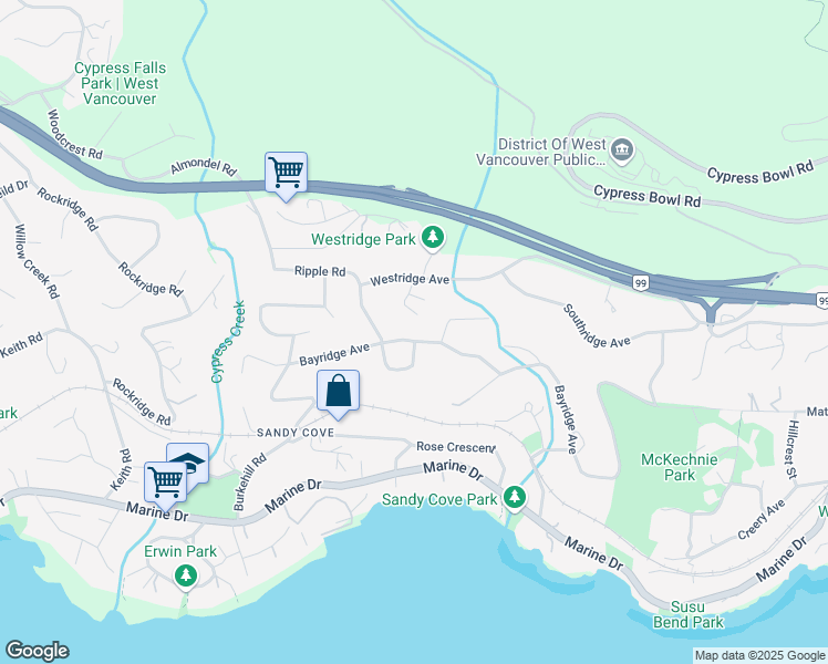 map of restaurants, bars, coffee shops, grocery stores, and more near 4007 Bayridge Avenue in West Vancouver