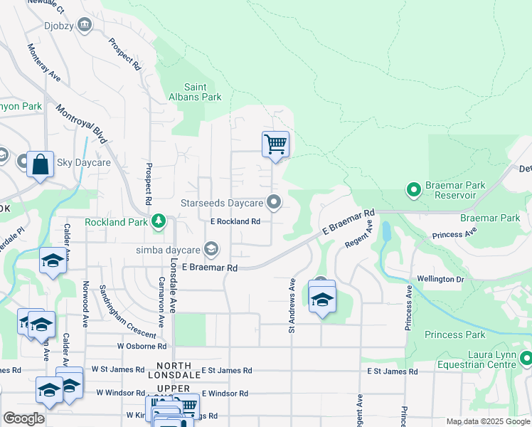 map of restaurants, bars, coffee shops, grocery stores, and more near 3919 Saint Marys Avenue in North Vancouver