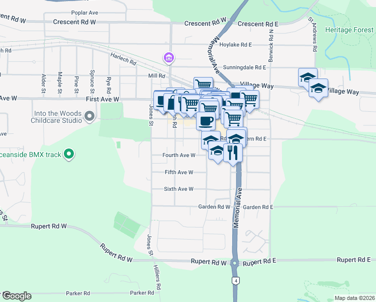 map of restaurants, bars, coffee shops, grocery stores, and more near 175 Fourth Avenue West in Qualicum Beach