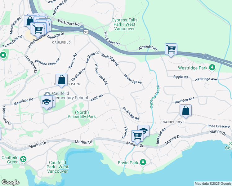 map of restaurants, bars, coffee shops, grocery stores, and more near 4425 Keith Road West in North Vancouver