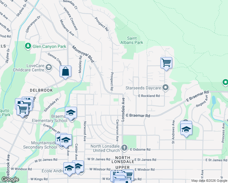 map of restaurants, bars, coffee shops, grocery stores, and more near 3954 Prospect Road in North Vancouver