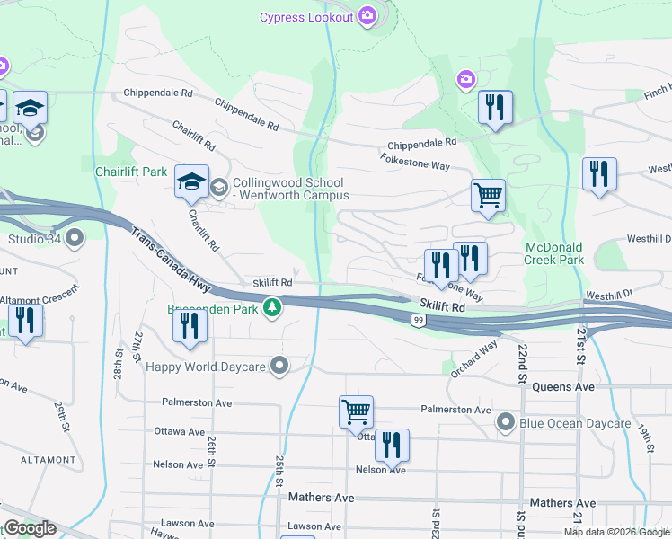 map of restaurants, bars, coffee shops, grocery stores, and more near 2417 Skilift Road in West Vancouver