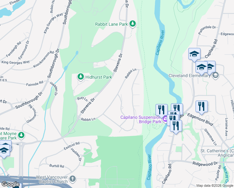 map of restaurants, bars, coffee shops, grocery stores, and more near 349 Rabbit Lane in West Vancouver