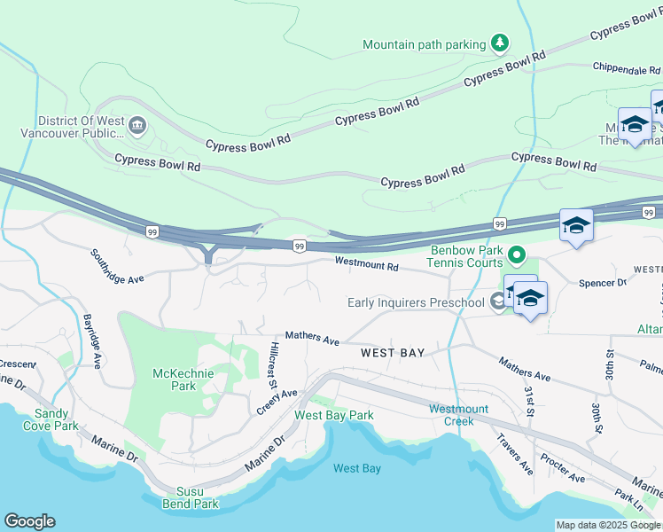 map of restaurants, bars, coffee shops, grocery stores, and more near 3390 Westmount Road in West Vancouver