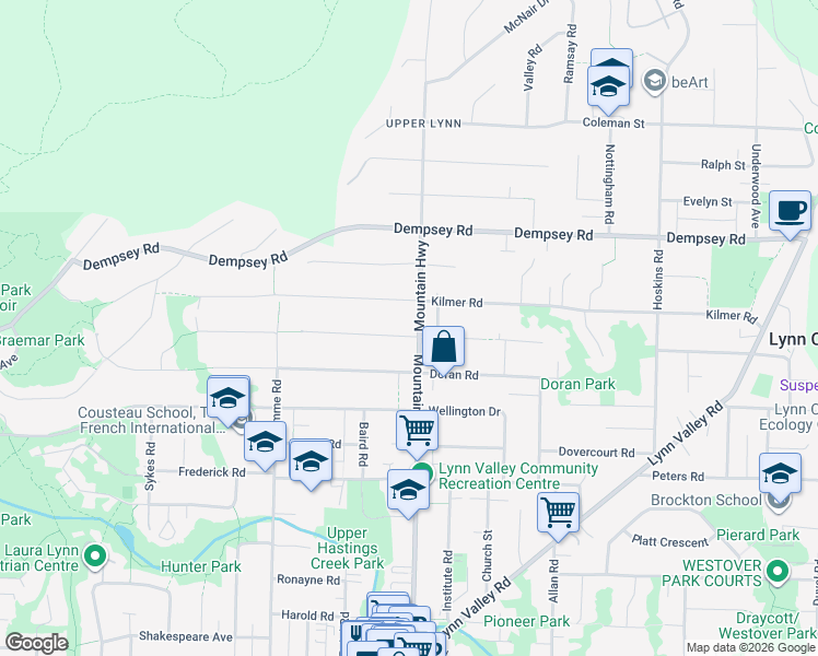 map of restaurants, bars, coffee shops, grocery stores, and more near 1286 Chamberlain Drive in North Vancouver