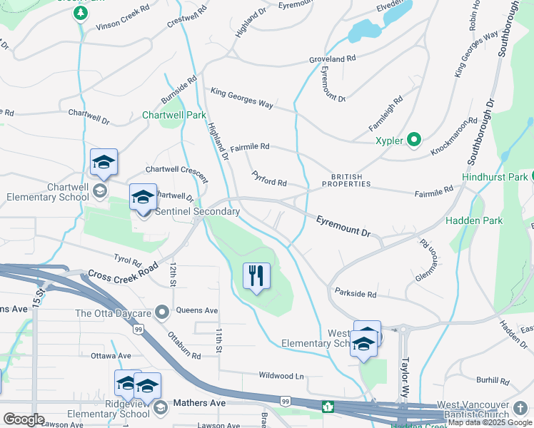 map of restaurants, bars, coffee shops, grocery stores, and more near 925 Highland Drive in West Vancouver