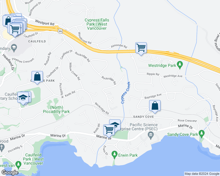 map of restaurants, bars, coffee shops, grocery stores, and more near 4308 Rockridge Road in West Vancouver
