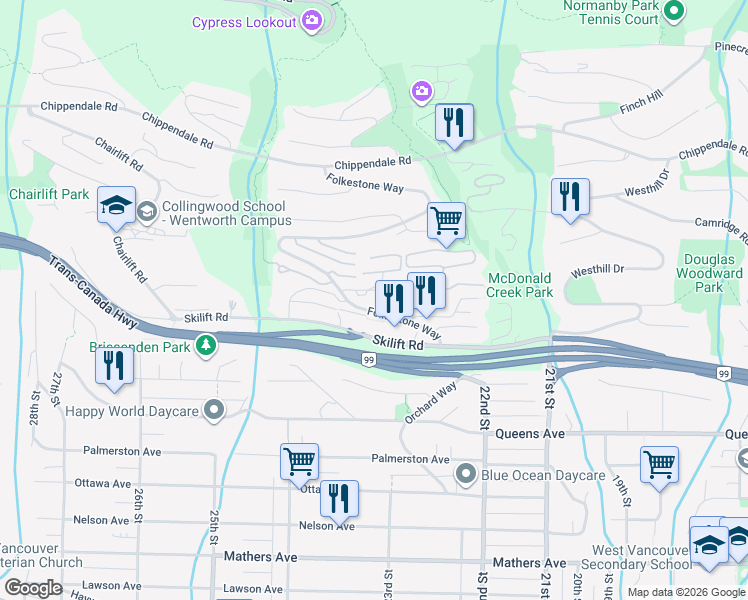 map of restaurants, bars, coffee shops, grocery stores, and more near 2236 Folkestone Way in West Vancouver