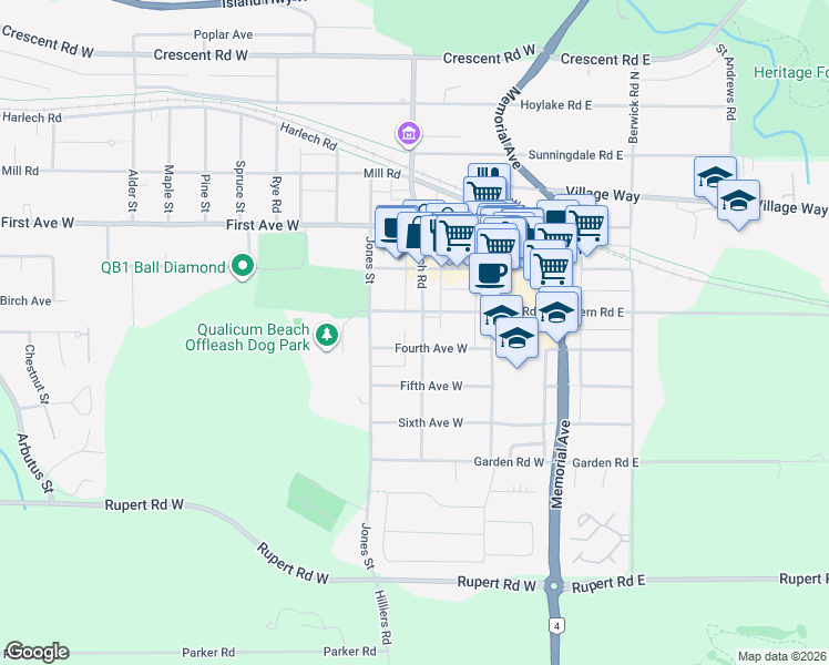 map of restaurants, bars, coffee shops, grocery stores, and more near 733 Beach Road in Qualicum Beach
