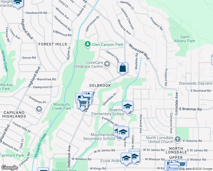map of restaurants, bars, coffee shops, grocery stores, and more near 3990 Delbrook Avenue in North Vancouver