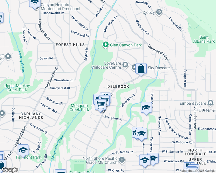 map of restaurants, bars, coffee shops, grocery stores, and more near 598 Verona Place in North Vancouver