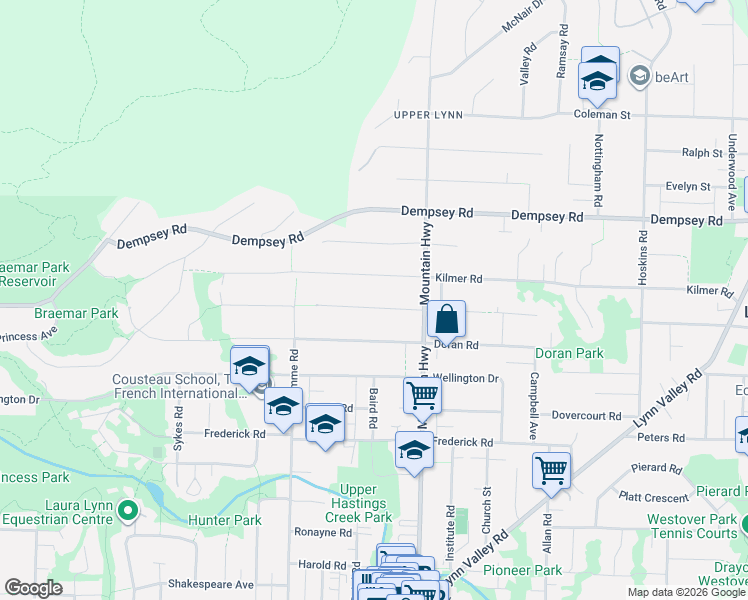map of restaurants, bars, coffee shops, grocery stores, and more near 1218 Chamberlain Drive in North Vancouver