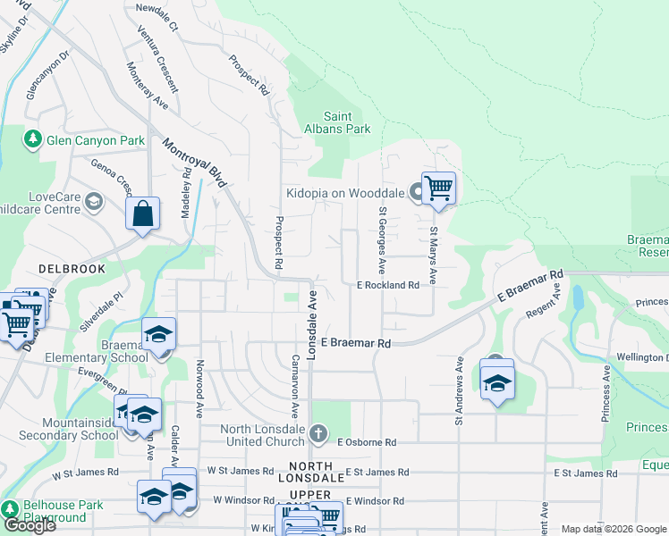 map of restaurants, bars, coffee shops, grocery stores, and more near 3961 Saint Albans Avenue in North Vancouver