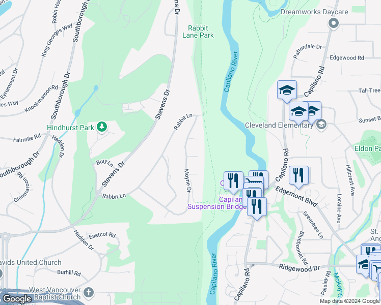 map of restaurants, bars, coffee shops, grocery stores, and more near 320 Moyne Drive in West Vancouver