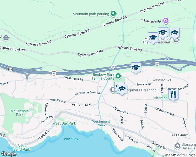 map of restaurants, bars, coffee shops, grocery stores, and more near 3197 Benbow Road in West Vancouver