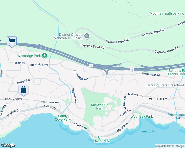 map of restaurants, bars, coffee shops, grocery stores, and more near 3771 Southridge Avenue in West Vancouver