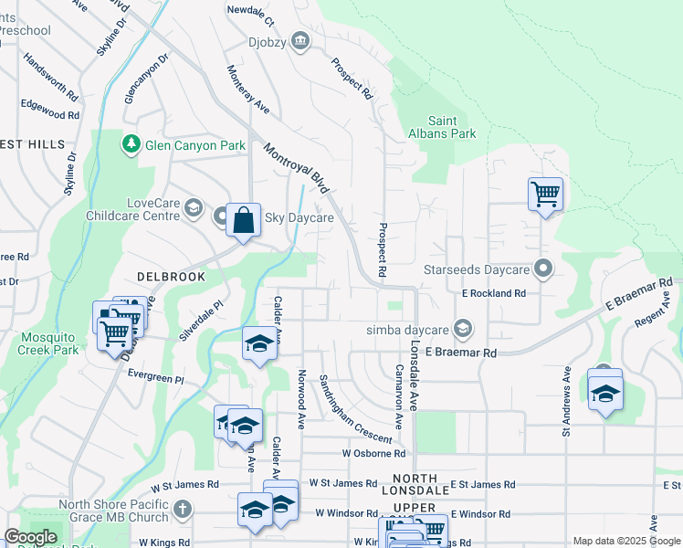 map of restaurants, bars, coffee shops, grocery stores, and more near 3975 Woodbury Avenue in North Vancouver