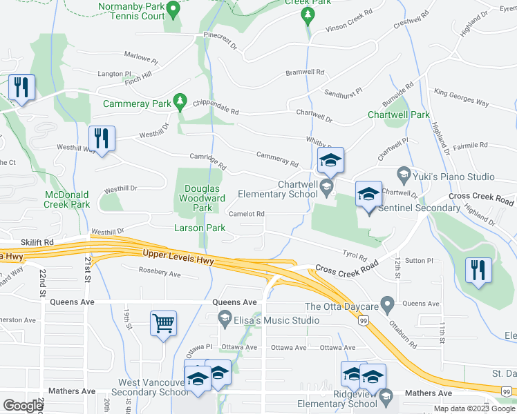 map of restaurants, bars, coffee shops, grocery stores, and more near 1515 Camelot Road in West Vancouver